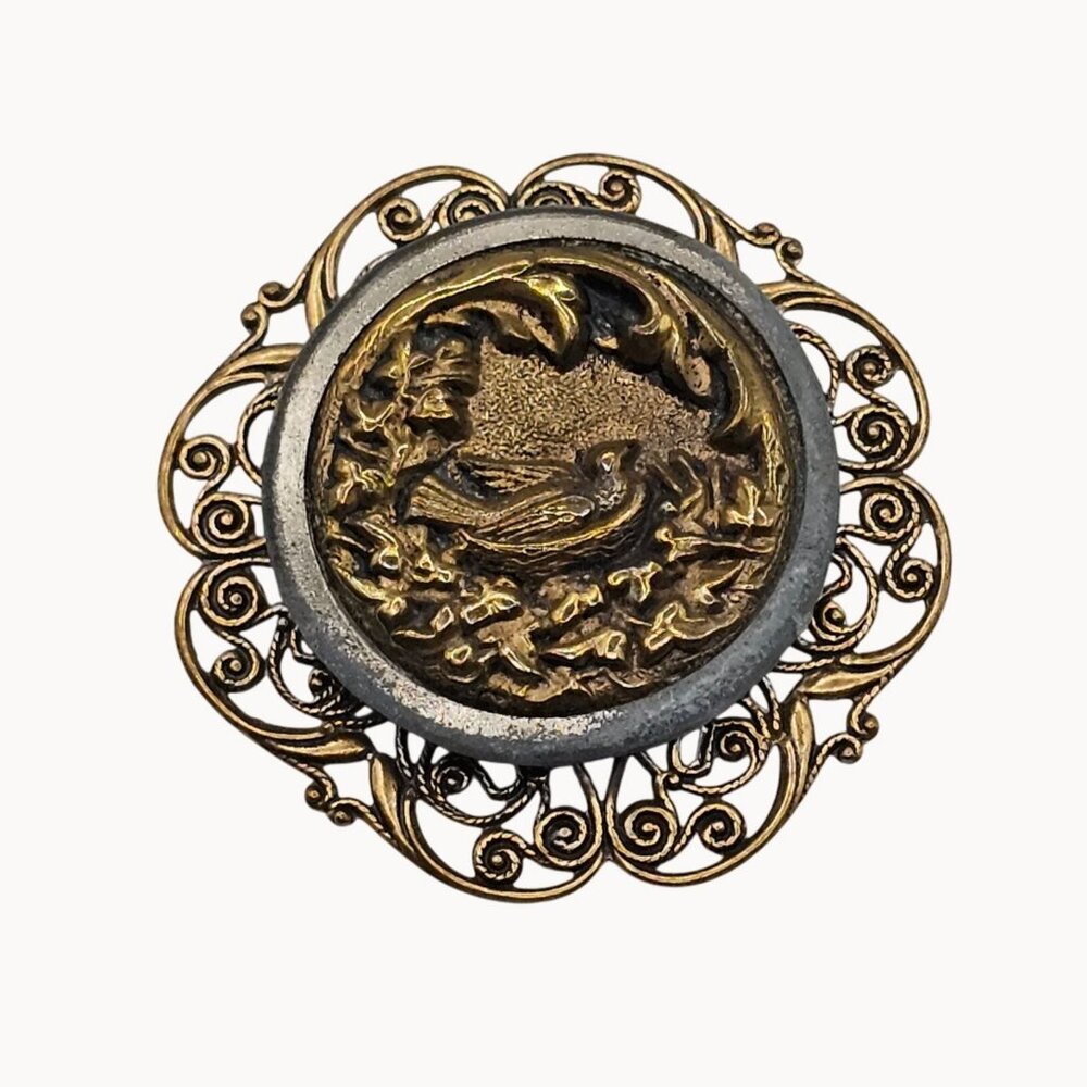 VTG Brooch Victorian Revival Gold Tone Bird Figural Cameo Nest Cottage Retro Pin